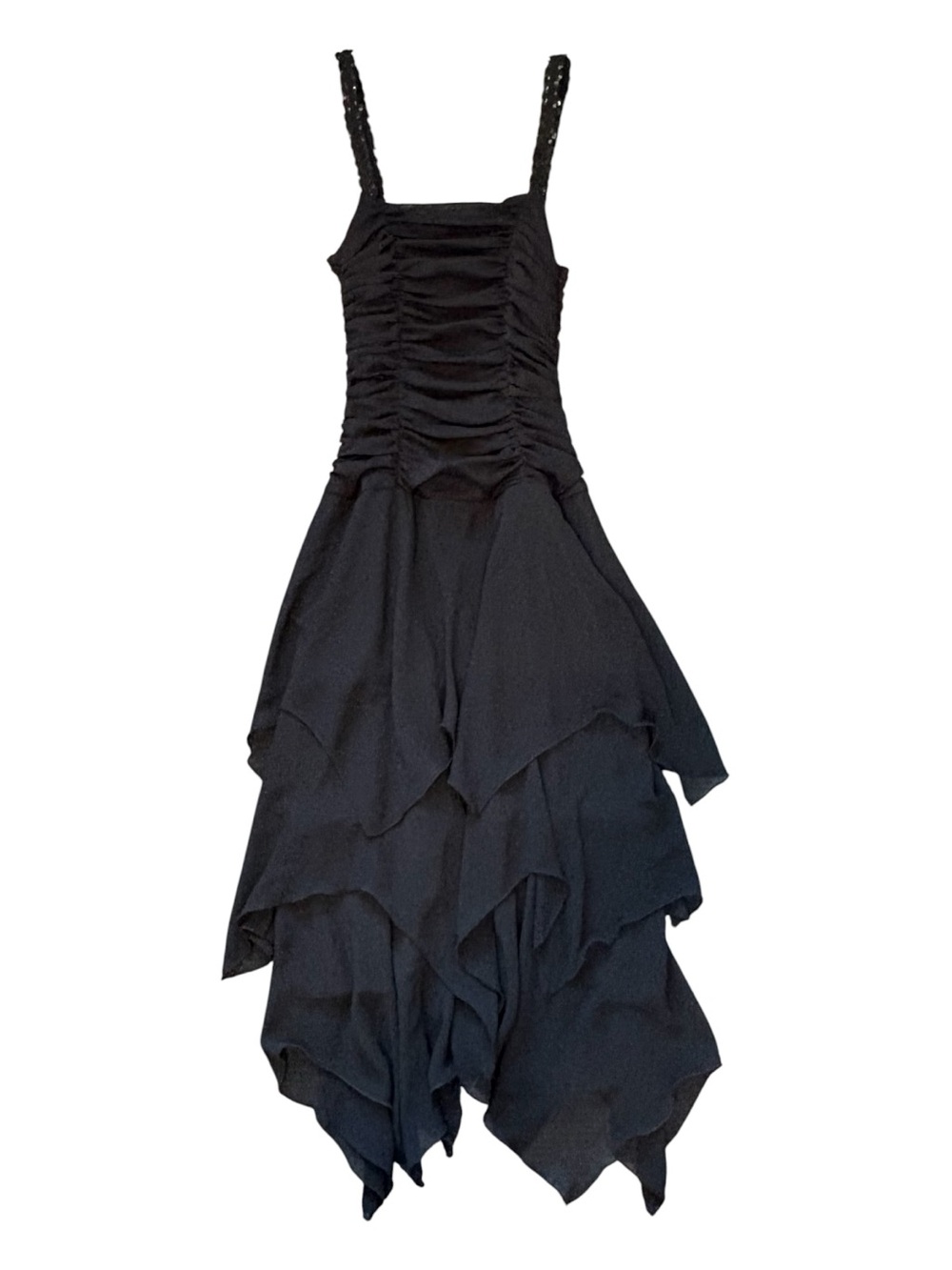 Sangria Black Ruched Handkerchief Hem Dress Beaded Straps Party Women's 12
